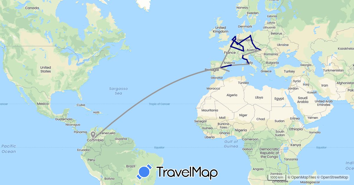 TravelMap itinerary: driving, plane in Austria, Belgium, Switzerland, Colombia, Czech Republic, Germany, Spain, France, Hungary, Italy, Liechtenstein, Luxembourg, Netherlands, Slovakia, Vatican City (Europe, South America)